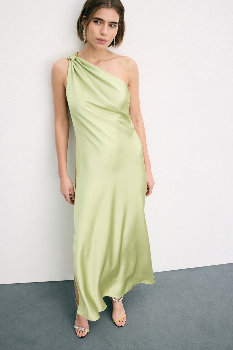 Tanya Taylor Stassi Light Parakeet Green One Shoulder Satin Maxi Dress 14